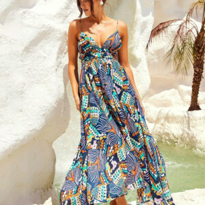 Summer Dress V-Neck Printed Backless Blue Long Beach Dress