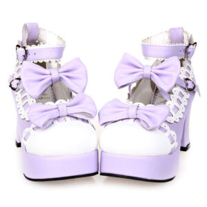 Sweet Chunky Heels Lolita Shoes Platform Bows White Trim Ankle Strap Heart Shape Buckles