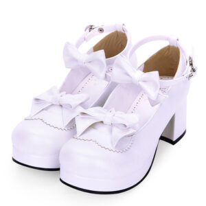 Sweet Lolita Footwear Bow Ankle Strap Platform Chunky High Heel White Lolita Shoes