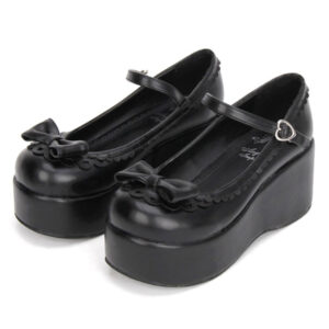 Sweet Lolita Shoes Black Platform Wedge Ankle Strap Lolita Shoes With Bow