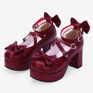 Sweet Lolita Shoes Bow Strappy Platform Chunky Heel Burgundy Lolita Footwear