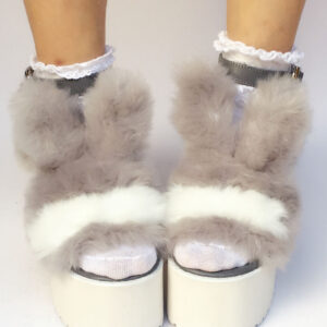 Sweet Lolita Shoes Faux Fur Bunny Platform Chunky Heel Open Toe Lolita Sandals