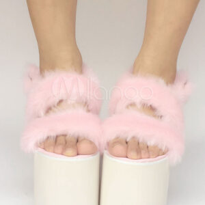 Sweet Lolita Shoes Pink Faux Fur Platform Chunky Heel Lolita Sandals