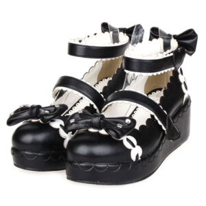 Sweet Lolita Shoes Platform Ankle Strap Bows Decor White Trim