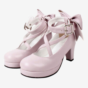 Sweet Lolita Shoes Platform Heels Bow Round Toe Cross Front Lolita Pumps