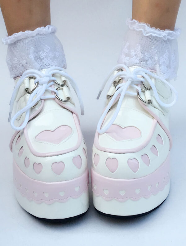 Sweet Lolita Shoes Platform Wedge Lace Up Heart Round Toe Lolita Footwear