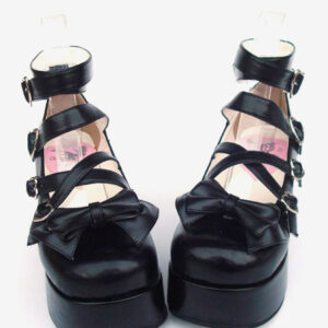 Sweet Matte Black Lolita High Platform Shoes Ankle Straps Heart Shape Buckles Bow