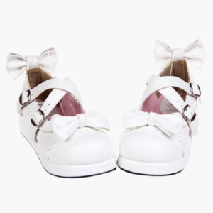 Sweet White Lolita Flats Shoes Platform Bow Decor with Trim