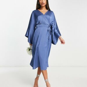 TFNC Bridesmaid kimono sleeve satin wrap midi dress in dusky blue