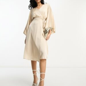 TFNC Bridesmaid kimono sleeve satin wrap midi dress in mink-Pink