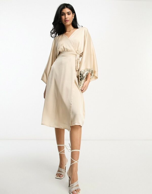 TFNC Bridesmaid kimono sleeve satin wrap midi dress in mink-Pink