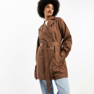 Threadbare Tall Lou short belted trench coat in brown