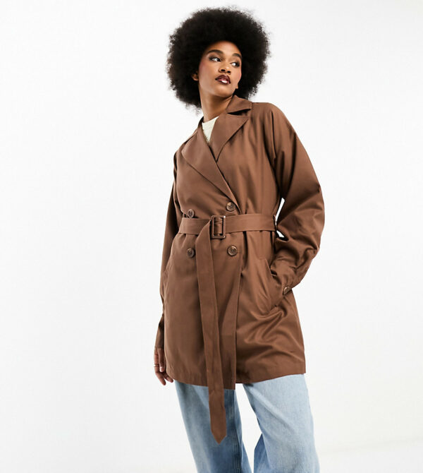 Threadbare Tall Lou short belted trench coat in brown