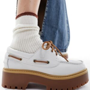 Timberland Stone Street 3 eye platform boat shoe in white leather-Neutral