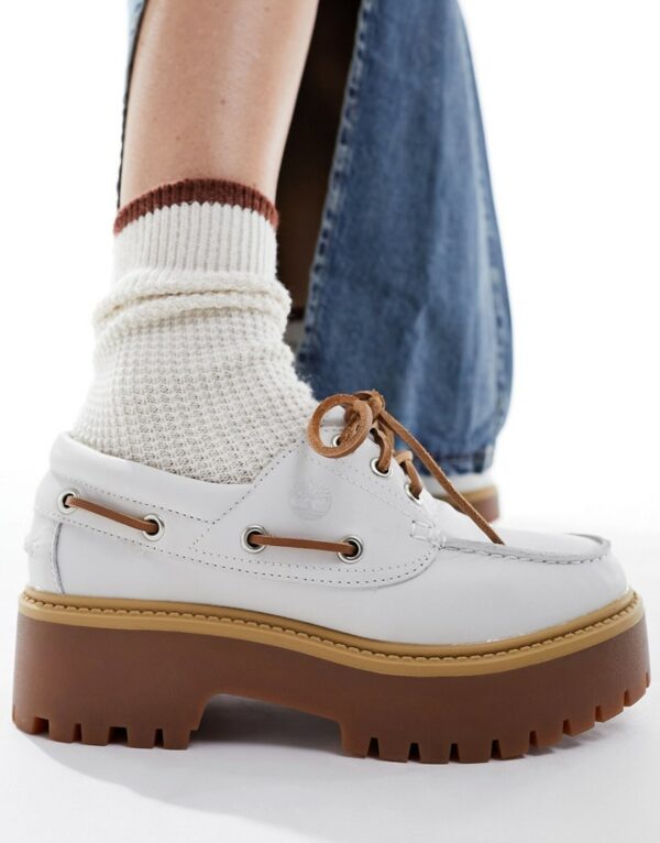 Timberland Stone Street 3 eye platform boat shoe in white leather-Neutral