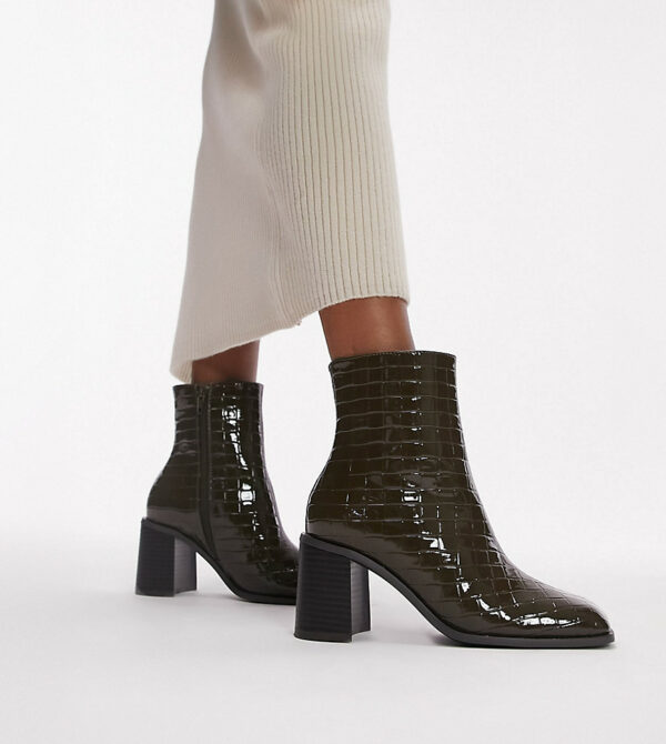 Topshop Wide fit Mae block heel ankle boot in khaki-Green