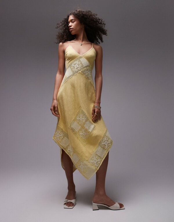 Topshop crochet linen mix sundress in yellow