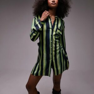 Topshop kimono mini shirt dress in green stripe