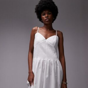 Topshop strappy pleated midi sundress in ivory-White