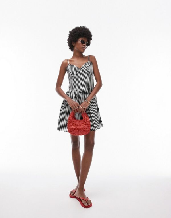 Topshop strappy pleated mini sundress in mono stripe-Multi