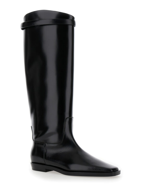 Totême the Riding Boot Black Knee-high Boots With Embossed Logo In Leather Woman