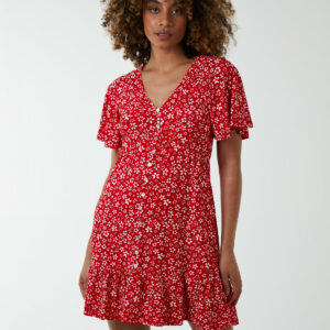 Trapeze Button Through Raglan Mini Dress - 10 / RED