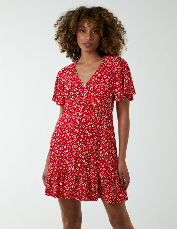 Trapeze Button Through Raglan Mini Dress - 10 / RED