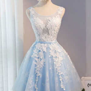 Tulle Homecoming Dress Lace Applique Prom Dress Baby Blue Sash Backless A Line Knee Length Party Dress