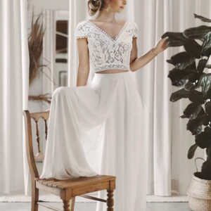 Two-piece Wedding Dress Chiffon Lace V-Neck Two-piece Floor-Length Backless Short Sleeves Ivory