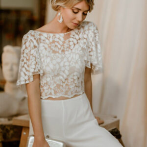 Two-piece Wedding Dress Lace Lace Jewel Neck Two-piece Floor-Length Backless Short Sleeves Ivory