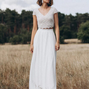 Two-piece Wedding Dress Lace Lace V-Neck Two-piece Floor-Length Backless Short Sleeves Ivory