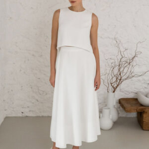 Two-piece Wedding Dress Satin Fabric Buttons Jewel Neck Two-piece Tea-Length Backless Sleeveless Ivory