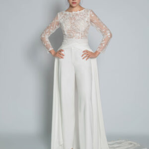 Two-piece Wedding Dress Satin Fabric Lace V-Neck Jumpsuit Backless Long Sleeves Ivory