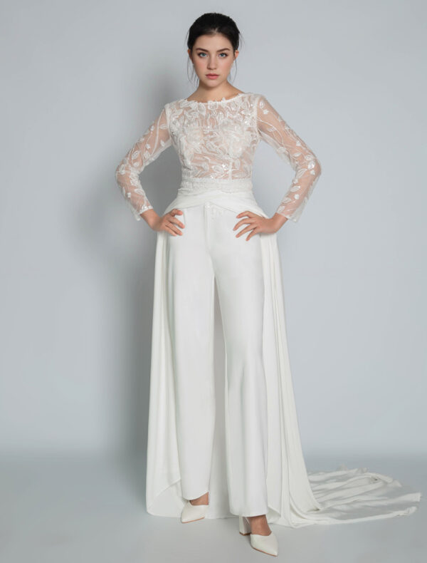 Two-piece Wedding Dress Satin Fabric Lace V-Neck Jumpsuit Backless Long Sleeves Ivory