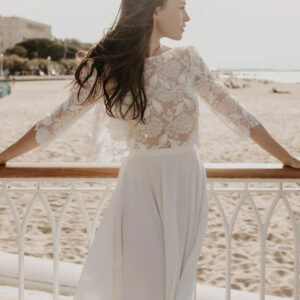 Two-piece Wedding Dress Stretch Crepe Lace Jewel Neck A-Line Floor-Length Backless Half Sleeves Ivory