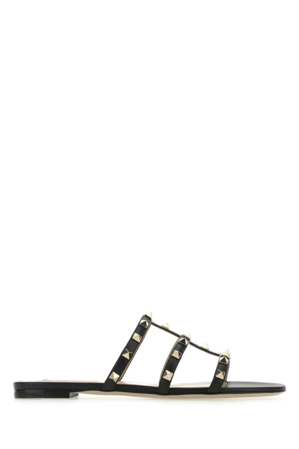 Valentino Garavani Black Leather Rockstud Slippers