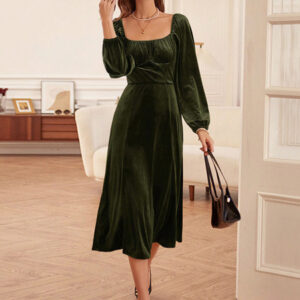 Velvet Dress U-Neck Backless Zipper Long Sleeves Midi Dresses