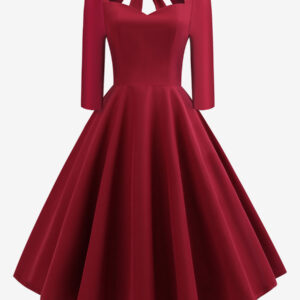 Vintage Dress 1950s Audrey Hepburn Style Sweetheart Neck Backless 3/4 Length Sleeves Rockabilly Dress