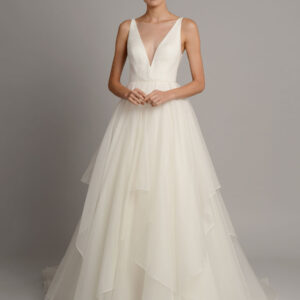 White A-Line Wedding Dresses With Train Sleeveless Backless Natural Waist Tiered V-Neck Long Bridal Dresses