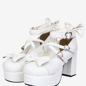 White Chunky Square Heels Lolita Shoes Platform Ankle Strap Heart Shape Buckles Bows