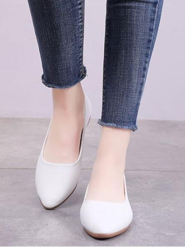 White Flat Shoes For Women Pointed Toe Slip-On PU Leather Ballerina Flats