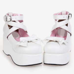 White High Platform Lolita Shoes Ankle Straps Bow Decor Round Toe