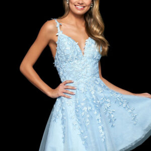 With Homecoming Dress Sleeveless Short A-Line V-Neck Lace Polyester Light Blue Party Dress