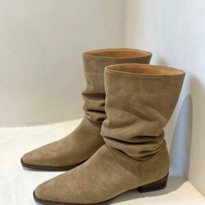 Women Ankle Boots Khaki Suede Square Toe Slouch Booties