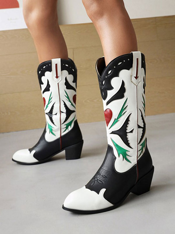 Women Cowboy Boots Puppy Heel Mid Calf Boots For Women