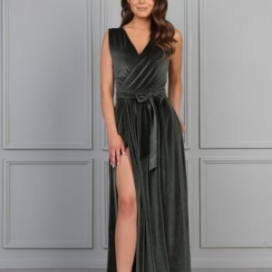 Women Dress Velvet Slit Bridesmaid Party Sleeveless Maxi With Pleats