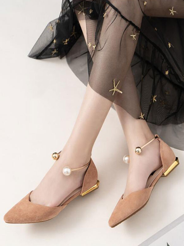 Women Flat Shoes Nude Pointed Toe Slip-On Metal Details Ankle Strap Ballerina Flats