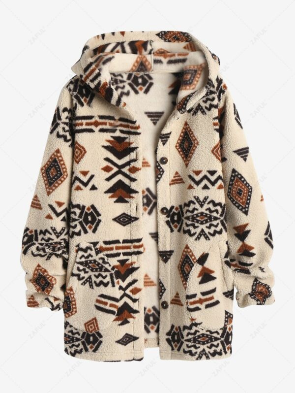 Women Jackets ZAFUL Women's Hooded Ethnic Style Pockets Long Tribal Geo Aztec Printed Fluffy Teddy Coat S Light coffee