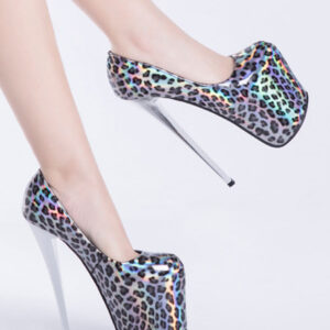 Women Platform Shoes High Heels Slivery Square Toe Leopard Print Sexy Shoes