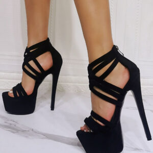 Women Sexy Sandals Black Micro Suede Upper Open Toe Stiletto Heels